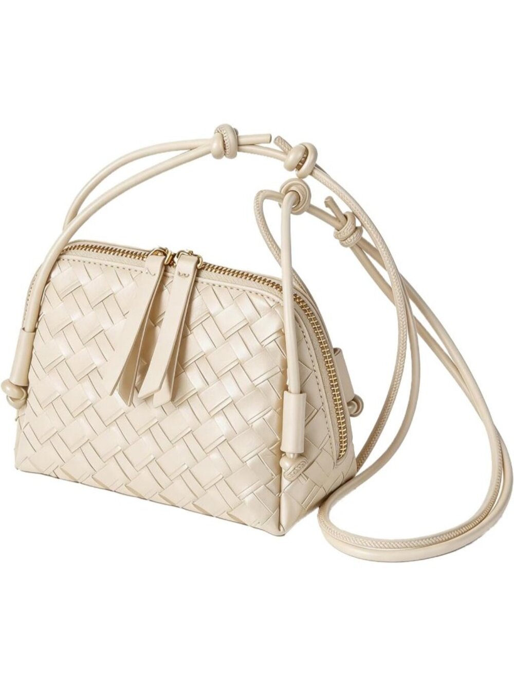 Women's Beige Woven PU Leather Mini Satchel Adjustable Strap Crossbody Bags